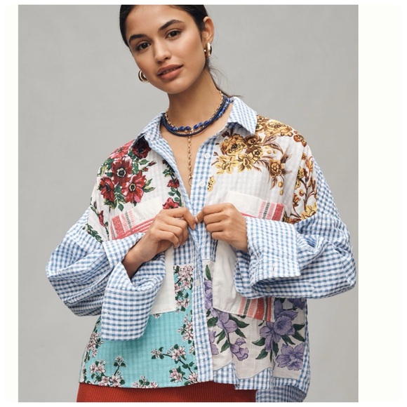 Anthropologie Tops - NWT Anthropologie Maeve Long-Sleeve Patchwork Tea Towel Buttondown Shirt 2X